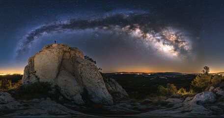 Wall Mural - beautiful night sky with stars and the milky way over a rocky mountain, the silhouette of a person s