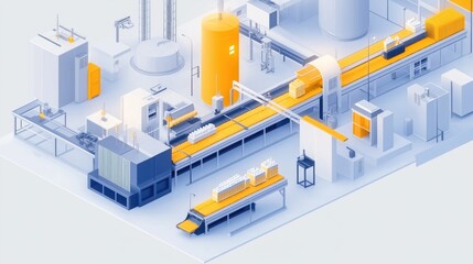 Poster - Modern factory shows automated assembly line. Products move through automated system. Robotic machinery handles manufacturing. High tech equipment ensures efficiency. Innovation key in industrial