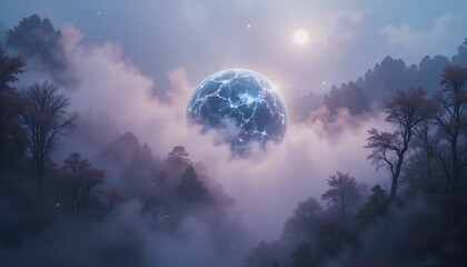 Wall Mural - Mystical Energy Orb Over Foggy Forest Landscape