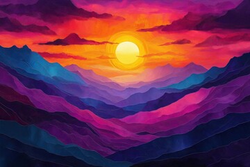 Colorful sunset over layered purple mountains. Vibrant abstract landscape with warm sunset colors. Image features sunset horizon. Majestic view evokes peace, calmness. Beautiful digital painting