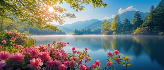 Wall Mural - Beautiful spring scenery with colorful flowers blooming on both sides of the river, lake reflection, misty forest, sunlight shining through the leaves and reflecting in the water surface.