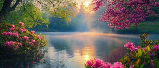 Wall Mural - Beautiful spring scenery with colorful flowers blooming on both sides of the river, lake reflection, misty forest, sunlight shining through the leaves and reflecting in the water surface.