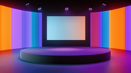Leinwandbilder - Virtual studio setting with vibrant colored walls. Empty round stage. Modern tech studio for chroma footage. Colorful studio backdrop. Professional looking studio setup. Great for video production.