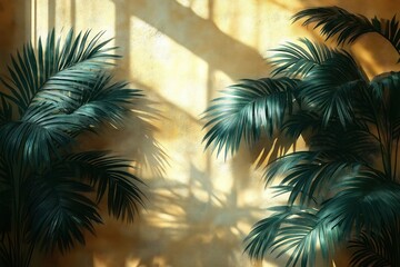 Poster - painted tropical palm tree design on wall. sunlight casts shadows from window. green, yellow shades 