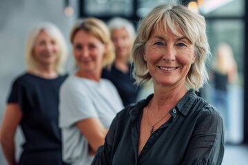 Portrait of smiling senior businesswoman with her team in background.