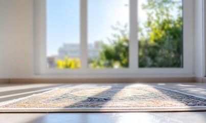 Poster - A cozy rug placed near a bright window with greenery outside.