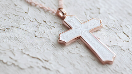 Wall Mural -  rose gold cross with white embossed details