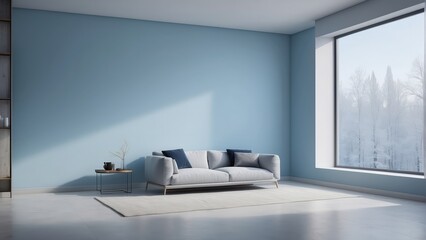 minimalist living room with large window on Frost Blue wall color