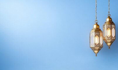 Poster - Two ornate lanterns hang against a soft blue background.