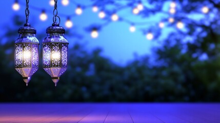 Poster - Two ornate lanterns glow softly against a twilight backdrop.