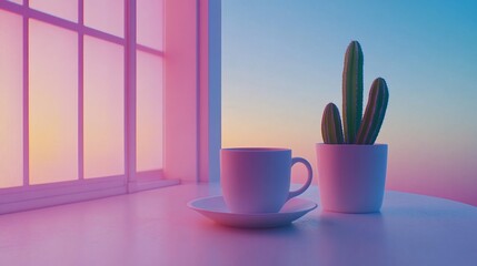 Wall Mural - A serene scene featuring a cup and a potted cactus by a window during sunset.