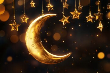 Poster - A golden crescent moon with hanging stars against a bokeh background.
