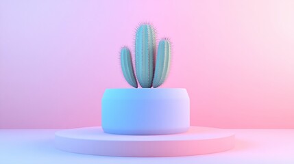 Wall Mural - A minimalist cactus in a pastel-colored pot against a soft gradient background.