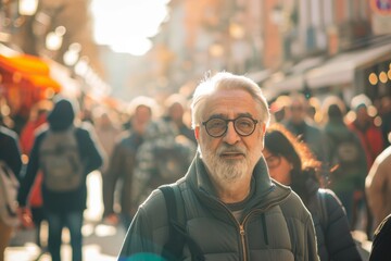 Wall Mural - Portrait of an elderly man with gray hair and glasses on the background of a crowded street.