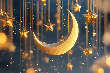 Poster - A whimsical scene featuring a crescent moon and hanging stars.