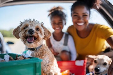 Wall Mural - Joyful family outing with cheerful dogs at a sunny park picnic