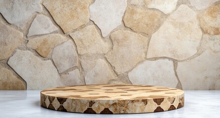 Poster - A circular wooden platform against a textured stone wall background.