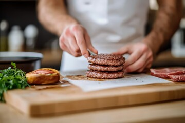 Crafting perfect patties in a rustic kitchen, showcasing culinary skills and fresh ingredients with a focus on detail and passion