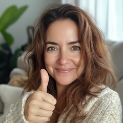 Wall Mural - Woman Giving Thumbs Up, Smiling, Brown Hair, Beige Sweater