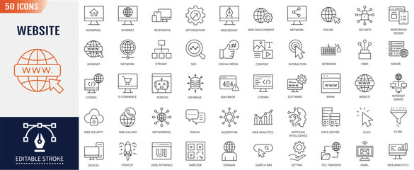 Website Line Editable Icons set. Vector illustration in thin line modern style of internet related icons: content, hosting, user interface, and more. Isolated on white