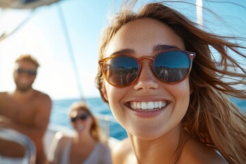 Wall Mural - Joyful moments aboard a sailboat under the bright sun with friends enjoying the ocean breeze