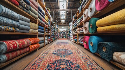 Colorful fabric rolls and rugs in a warehouse.