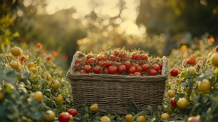 Wall Mural - Ripe red cherry tomatoes in a wicker basket in a garden at sunset.