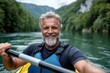 © Lens Legacy - Joyful adventure on a serene river with a smiling kayaker amidst lush mountains
