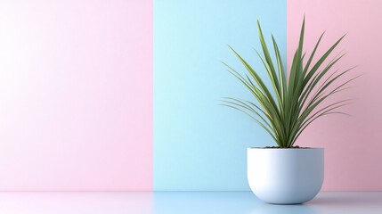 Wall Mural - A minimalistic indoor scene featuring a potted plant against pastel-colored walls.