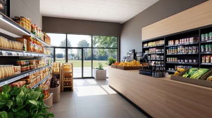 Wall Mural - Bright and Modern Interior of a Grocery Store with Fresh Produce and Well-Organized Shelves