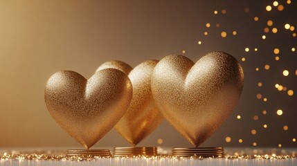Poster - Three golden heart sculptures on a sparkling background.