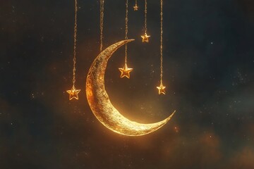 Poster - A glowing crescent moon with hanging stars against a cosmic background.