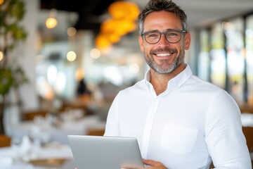 Wall Mural - Smiling professional man in a modern dining setting holding a tablet while looking confidently at the camera