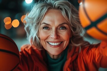 Joyful woman celebrates her love for basketball under the vibrant night lights