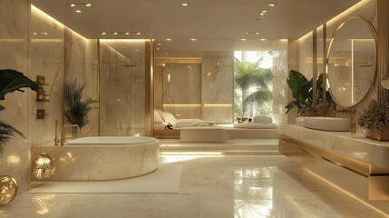 Wall Mural - Luxury bathroom with marble finishes, freestanding tub, soft lighting, gold accents, modern fixtures, and a spa-like atmosphere