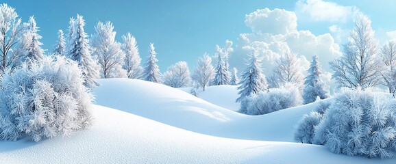 Poster - Snowy winter landscape with frosted trees and rolling hills under a bright blue sky.