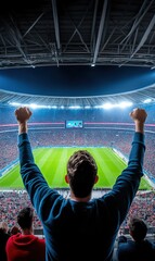 Wall Mural - Enthusiastic Fan Celebrates in Stadium During Thrilling Soccer Match with Vibrant Crowd Atmosphere