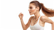 © ChimE - Young woman sprinting energetically on a white backdrop, showcasing movement and dynamism in her expression.