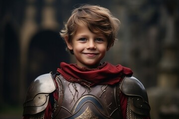 Portrait of a cute little boy in knight costume on dark background