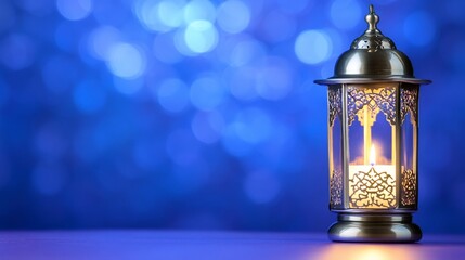 Poster - A decorative lantern casting warm light against a blue bokeh background.