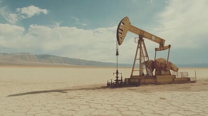 An oil pump jack stands in a dry landscape, symbolizing energy extraction in arid conditions.