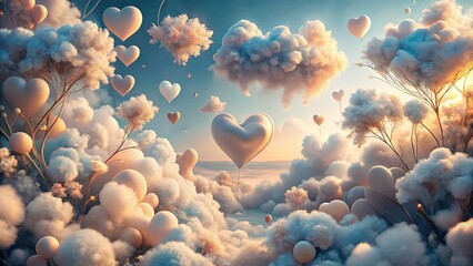 Wall Mural - Surreal Dreamscape of Heart-Shaped Balloons Floating Amidst Fluffy Clouds and Whimsical Trees