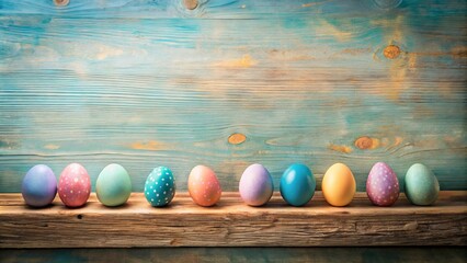 Wall Mural - Pastel Easter eggs arranged on rustic wood background