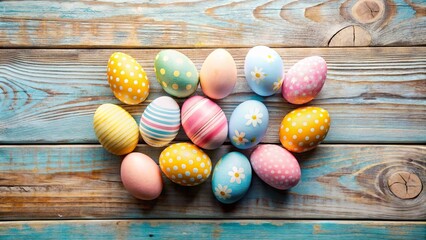 Wall Mural - Pastel Easter Eggs Arranged on Rustic Wooden Surface