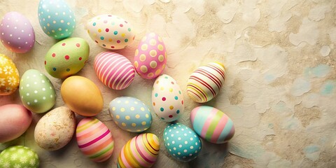 Wall Mural - A delightful collection of colorful Easter eggs, decorated with polka dots and stripes, rests on a textured beige surface.