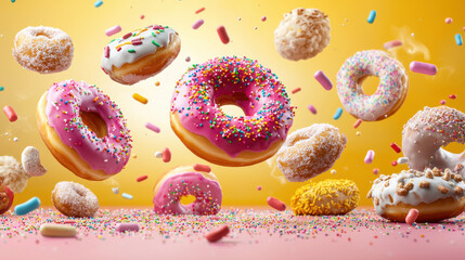 Poster - playful image of donuts floating in mid air, showcasing vibrant colors and various toppings, creating whimsical and joyful atmosphere