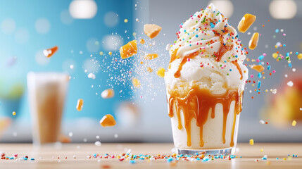 Aufkleber - rich ice cream sundae topped with caramel drizzle and colorful sprinkles, creating delightful and festive dessert experience. vibrant colors and textures make it visually appealing