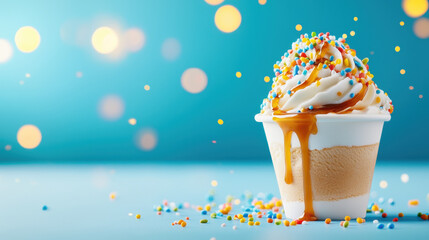 Poster - Indulge in rich ice cream sundae topped with caramel drizzle and colorful sprinkles, perfect for sweet treat. vibrant colors and textures create delightful visual experience