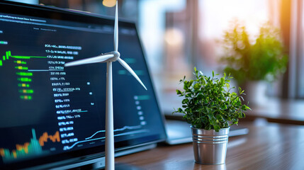 Leinwandbilder - wind turbine performance analysis displayed on computer screen, showcasing data and graphs. small potted plant adds touch of nature to workspace