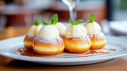 Aufkleber - Upscale dessert presentation featuring gourmet donuts topped with ice cream, drizzled with caramel sauce, and garnished with mint leaves, creating delightful and indulgent treat